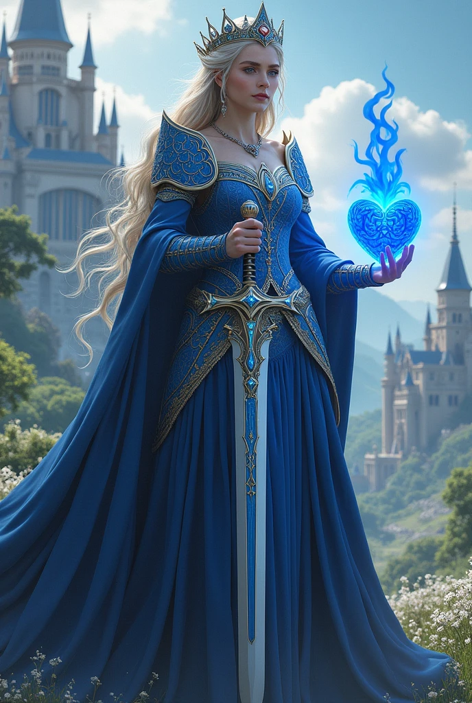 Imagine a majestic queen with blue eyes. It stands against the backdrop of a magnificent kingdom with a castle and towers., surrounded by green hills and blooming gardens. In one hand, the queen holds a sword with exquisite blue patterns., sparkling on the blade. And in her other hand she holds a heart., from which a blue flame emanates, symbolizing strength and courage.