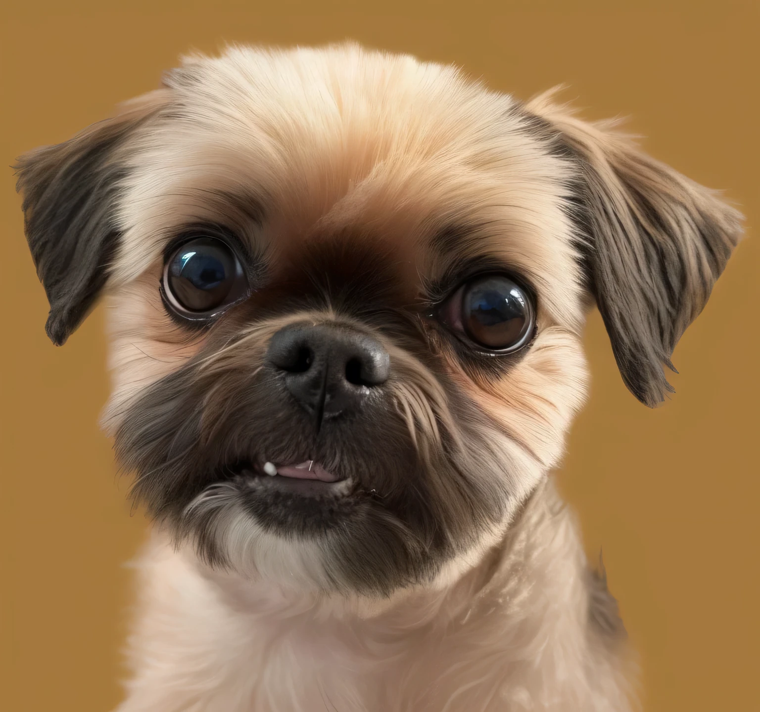 a very cute furry dog, hair drawn like cartoons, Perfectly drawn Eyes, eyes like a cartoon, gorgeous eyes, perfects eyes, She is very happy, She is smiling, the image is very detailed