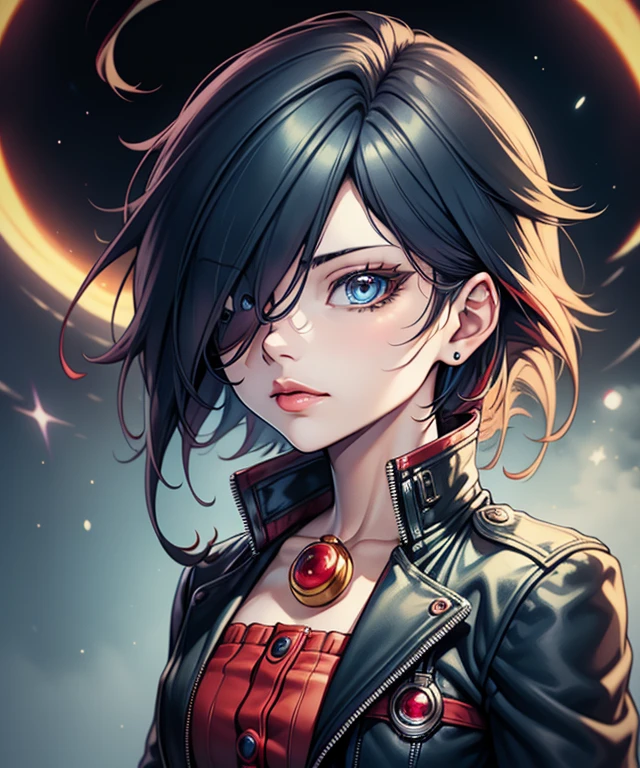 first work,Detailed,High resolutions:1.4) , Model photo, to close, Detailed face, Fine, detailed eyes,, (Kirishima Touka),medium blue hair,ojo ghoul,retro jacket,Tokyo Ghoul,retrofuturistic background, vibrant colors, HdR,, ,