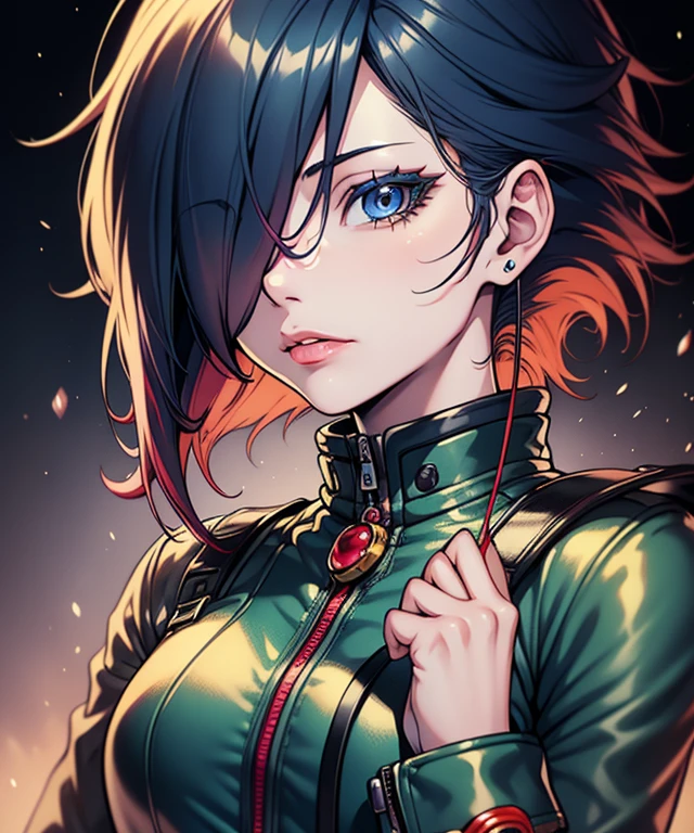 first work,Detailed,High resolutions:1.4) , Model photo, to close, Detailed face, Fine, detailed eyes,, (Kirishima Touka),medium blue hair,ojo ghoul,retro jacket,Tokyo Ghoul,retrofuturistic background, vibrant colors, HdR,, ,