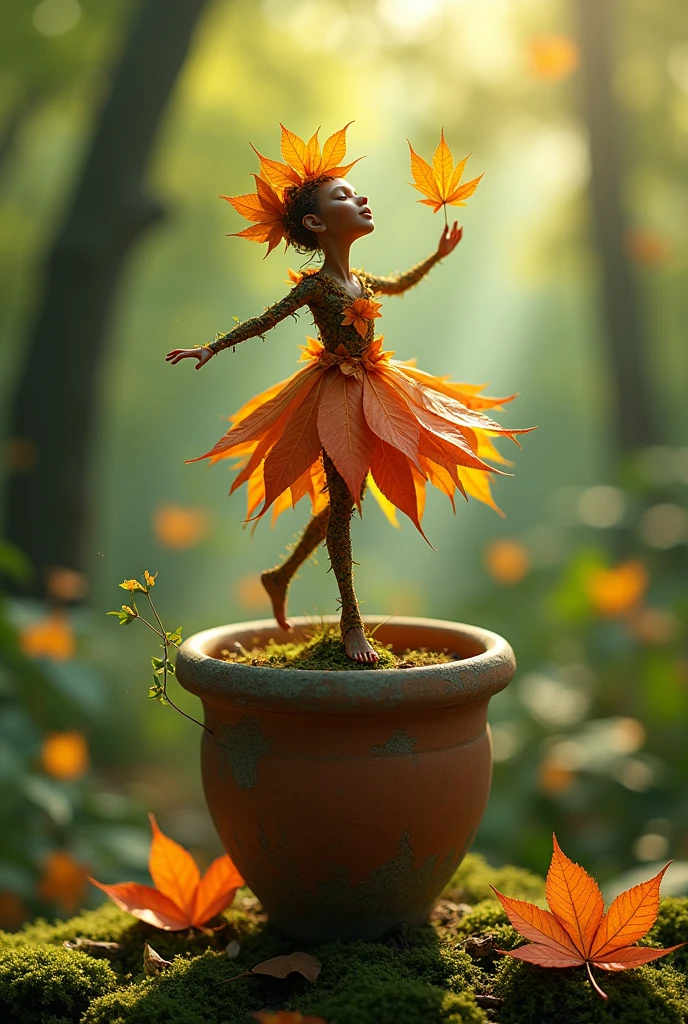 A whimsical miniature figure composed
of delicately arranged autumn leaves,
poised in a carefree dance on the rim of
a weathered, moss-covered terracotta
pot, set against a lush, vibrant forest
backdrop, where dappled sunlight filters
through the canopy above, casting
intricate shadows, The overall aesthetics
is ethereal, with warm. earthy tones of
sienna, number, and olive green, infused
with hints of emerald and golden light,
evoking sense of wonder and enchantment, as if plucked from a
fantastical realm.