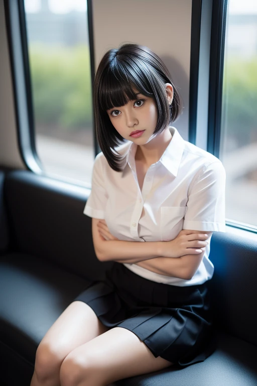highest quality, masterpiece, Ultra-high resolution, (Reality: 1.4), Original photo, One girl, mature, White JK Uniform, happy smile, white panties, squatting on seat in train,  Cinema Lighting, (cowboy shot), masterpiece, realistic hands. [The character is surrounded by mist, evoking a mysterious and eerie atmosphere. The lighting is dark and atmospheric, with smoke adding a touch of sinister ambiance. Best quality image, HDR enhancement, showcasing the utmost level of detail and realism, full body shot:1.5]. [8K, Best Quality, Ultra High Resolution, (highly detailed CG unity 8k wallpaper), (best photo), (best shadows), isometric 3D, octane rendering, ray tracing, highly detailed, (Best quality, 4K, 8k:1.2), absurdity, ultra detailed, (realistic, photorealistic, photorealistic:1.37), complex parts, HDR, (complex parts:1.12), (hyper detailed, hyper realistic, Soft lighting, spicy:1.2), (complex parts, Hyper detailed:1.15). Blurred foreground. (backlit), masterpiece, high quality, brightness, chromatic aberration, foggy smoke, shadows, contrast, clear sky, (warm hue, warm tone), high details, natural reflections]. (YES SFW), many details.