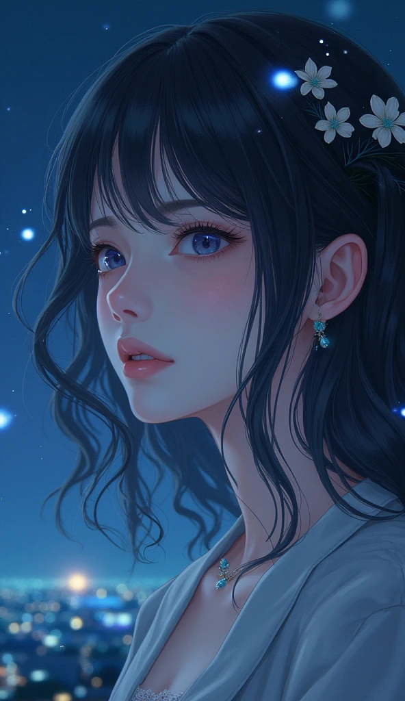 One beautiful girl,Highest quality,masterpiece,detailed,night,One beautiful girl,The scent of flowers drifts,風が囁くnight ,A light seen in the distance,Let yourself be led,Close up of face