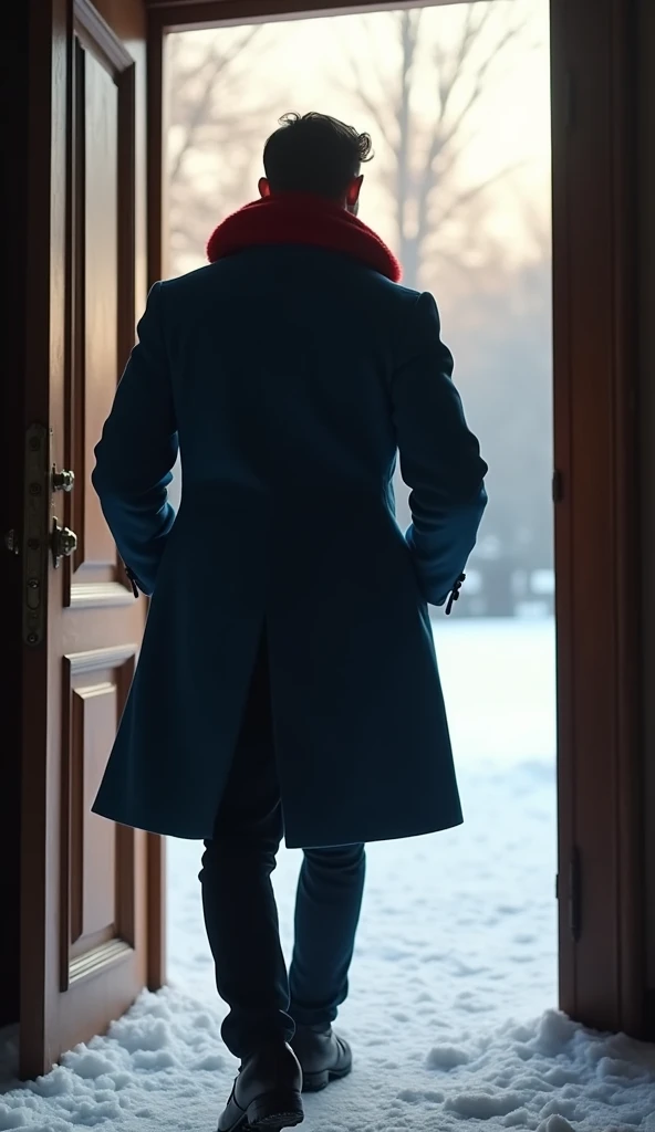 back side picture of a 21-year-old young rich man with a small beard and big mustache wearing a very lush bluish pent coat and a red muffler, coming out of the mansion door in the morning light, looking frantic and worried. The snow-covered ground is bright with morning light, picture taken straightly from inside the mansion door shows a young man from backside view, walking away on the straight track outside the mansion ,showing the passage of time from night to day.