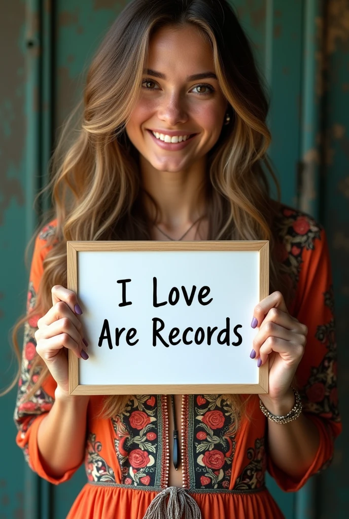 Beautiful girl with wavy long hair, bohemian dress, holding a white board with text "I Love Are 
Records” and showing it to the viewer