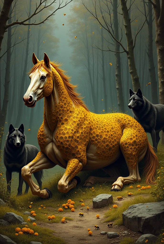A dead horse that has beehives in its skin and honey dripping off of it, beside the horse there will be black dire wolves, the art must be in Victorian era paintings, make this a logo.