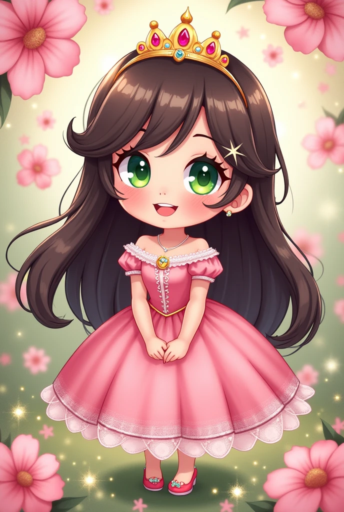 , princess, princess crown, pink, yellow, long hair, dark brown hair, green eyes, lace dress, pink dress, cartoon style, kawaii style, chibi style, funny style
