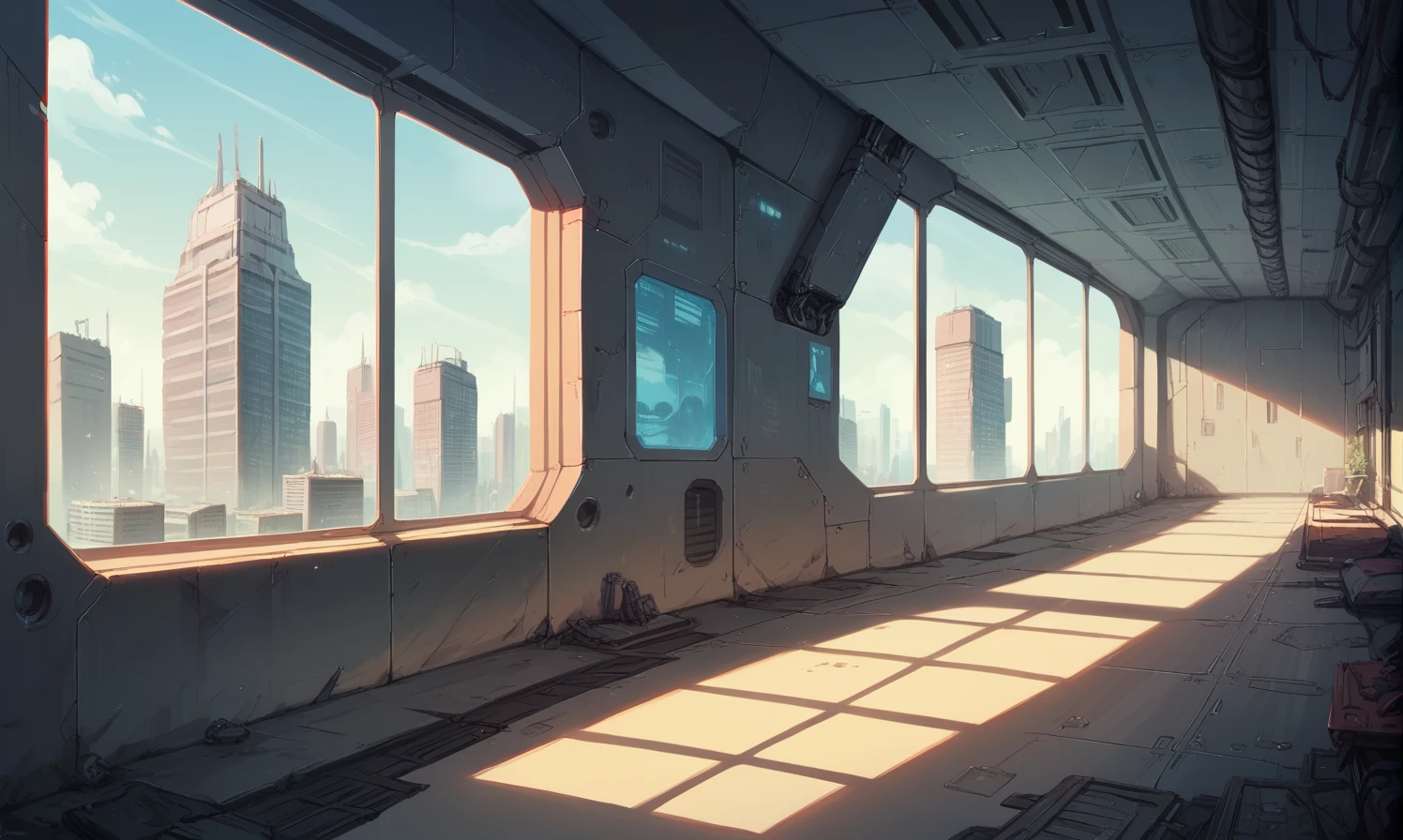( scenery empty spaceship room, window, futuristic city, detailed)