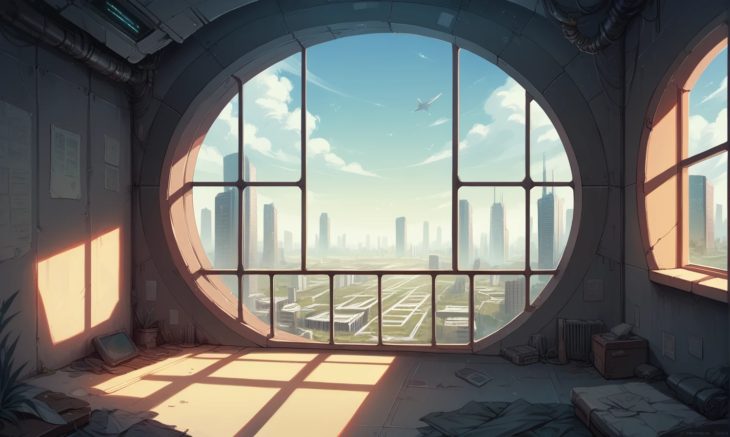  ( scenery empty spaceship room, window, futuristic city, detailed)