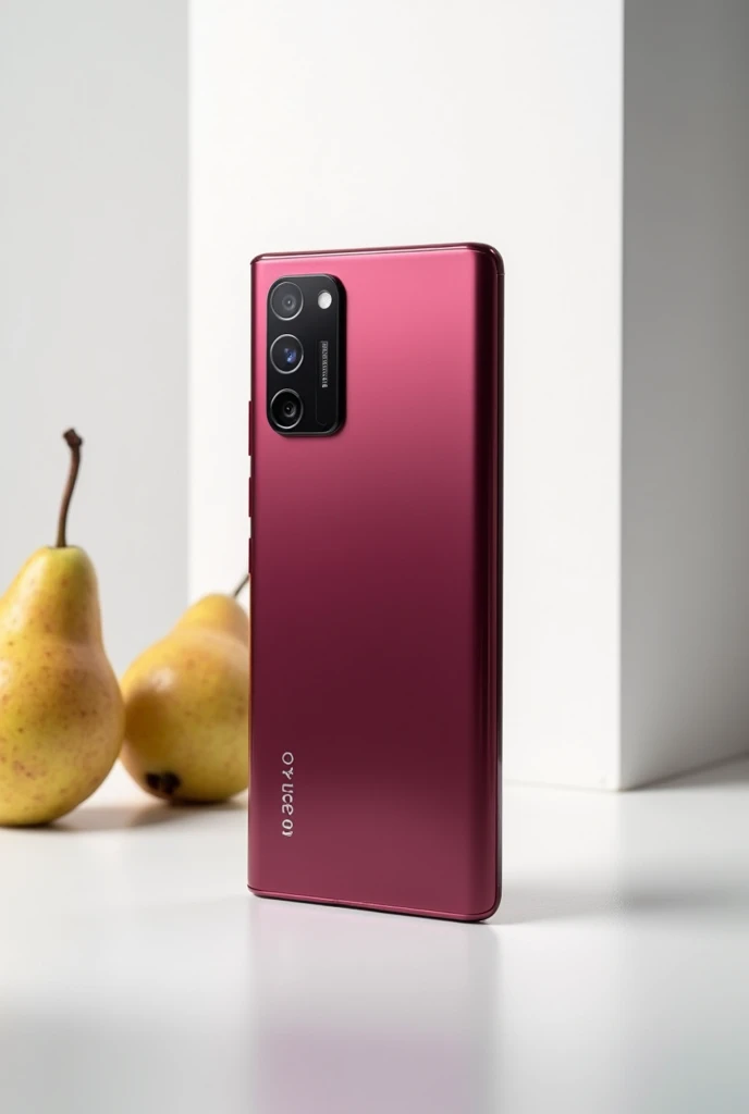 A wine-colored cellphone with a vertical camera that is identical to the previous one and is standing upright in a vertical position. It is resting on a white table, with no pears around.