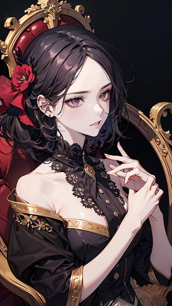 A handsome boy, beautiful detailed eyes,beautiful detailed lips,extremely detailed eyes and face,longeyelashes,dark brown hair, red eyes,medium hair, dark victorian clothes, elegant suit,extremely detailed clothes,serious expresion, crown, gold crown, gold accessories, little waist,4k wallpaper,high quality render,super detailed render,2D,super detailed,high quality,4k,HD,high quality hair, full body,