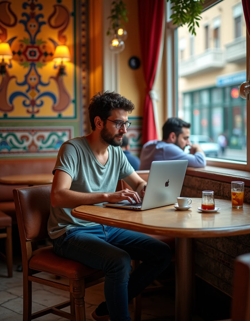 "A regular man in his late twenties sits at a cozy table in a popular Egyptian restaurant. selfy. The decor is warm and inviting, with wooden furniture, colorful mosaic tiles, and soft lighting. The man, dressed in a casual T-shirt and jeans, is working on his laptop while sipping a cup of tea. The table has a simple tea set, with a small teapot and a glass of mint tea. The background shows a few other diners enjoying their meals, with a view of a busy street outside the window. The overall feel is laid-back and relatable, capturing a moment of everyday life in a vibrant setting. Restorant the grill, egypt