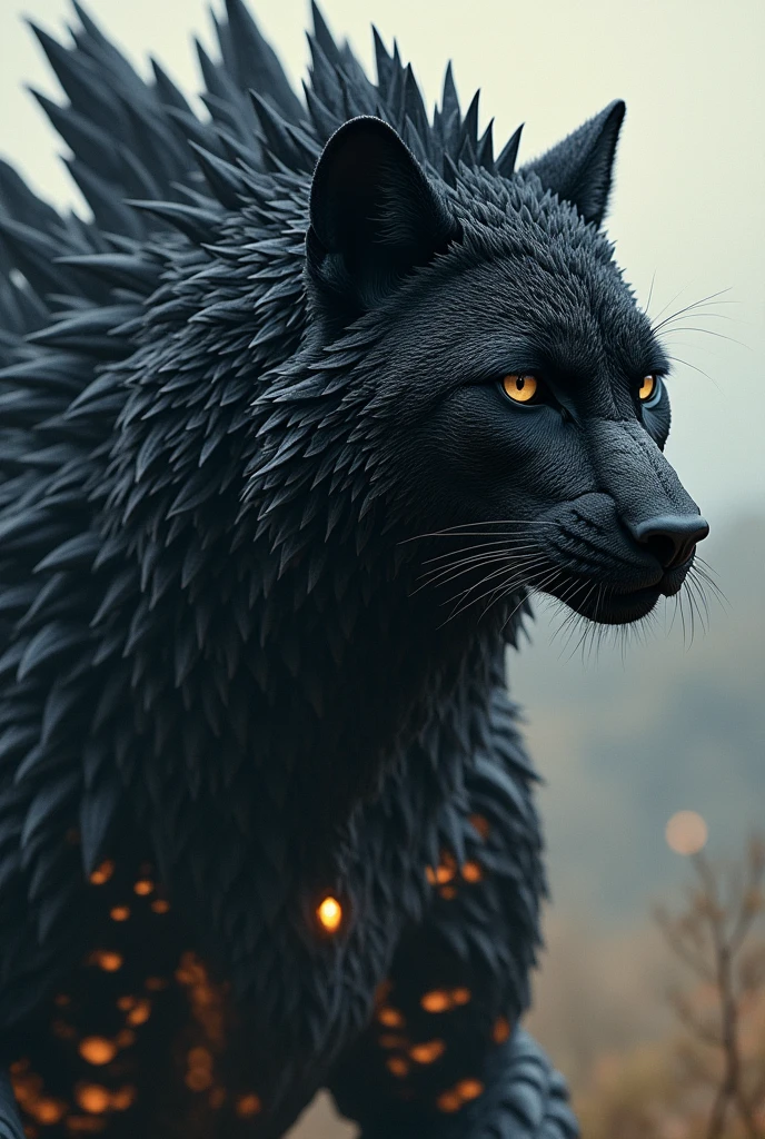 fusion of a black wolf , with a lion . with a black panther and a leopard that looks like a full-body titan from the monsterverse that looks legendary, bigger than godzilla