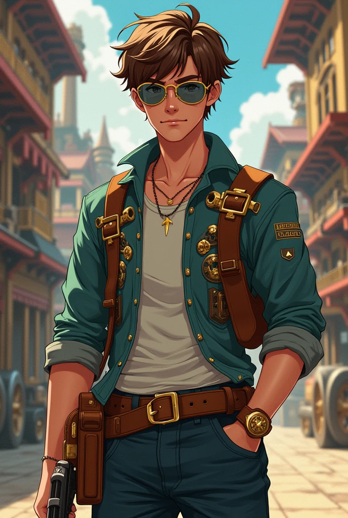 A young man, with a tool bag, brownhair, aviator glasses, and a Luger on his belt. In steampunk anime style