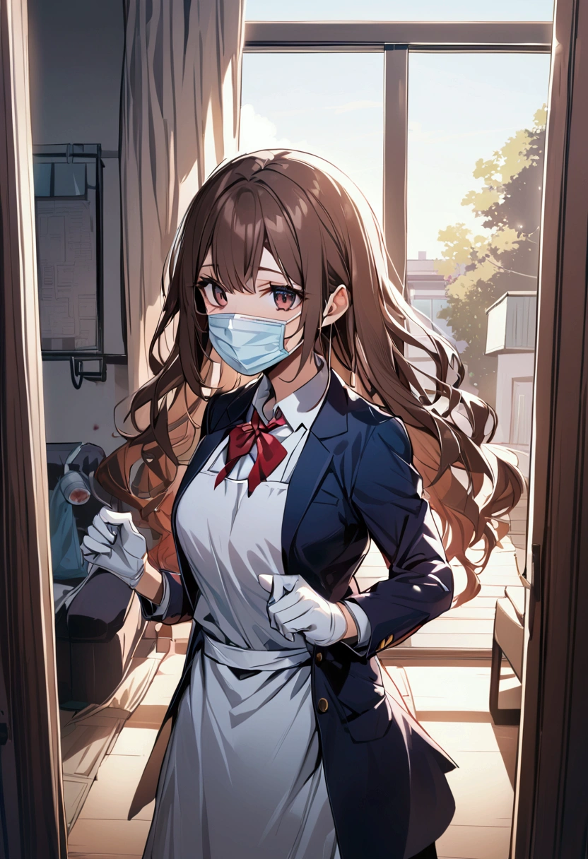 Living room Background, bloody, school blazer, school uniform, surgical apron, medical gloves, surgical mask, 1girl, brown hair, shining hair,