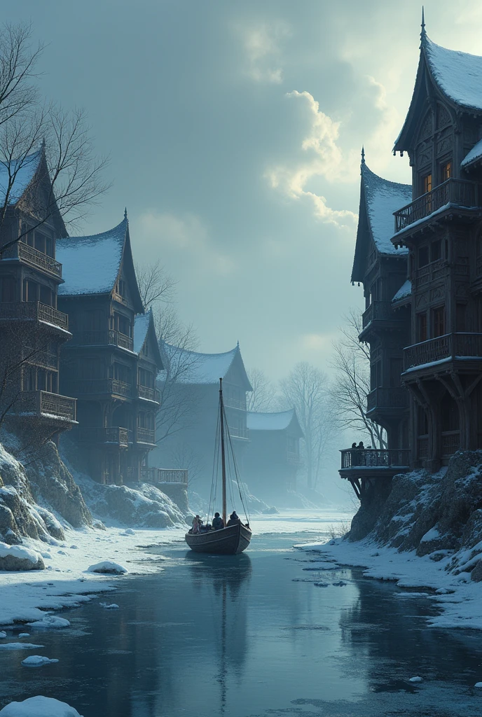 Background with a large winter river and a boat in the middle, front view , in the background are carved houses like in ancient Rus&#39; with people on balconies with fog and dark sky