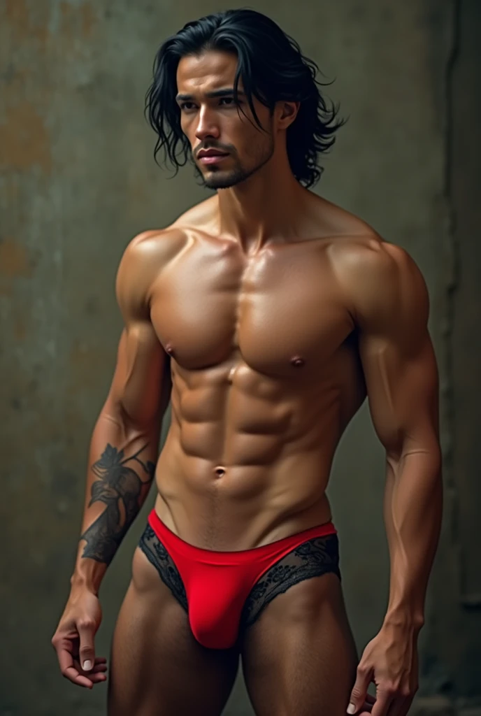 create a muscular man, sexy, with long black hair, Deep eyes, pink and full lips. In a red thong with black lace stockings
