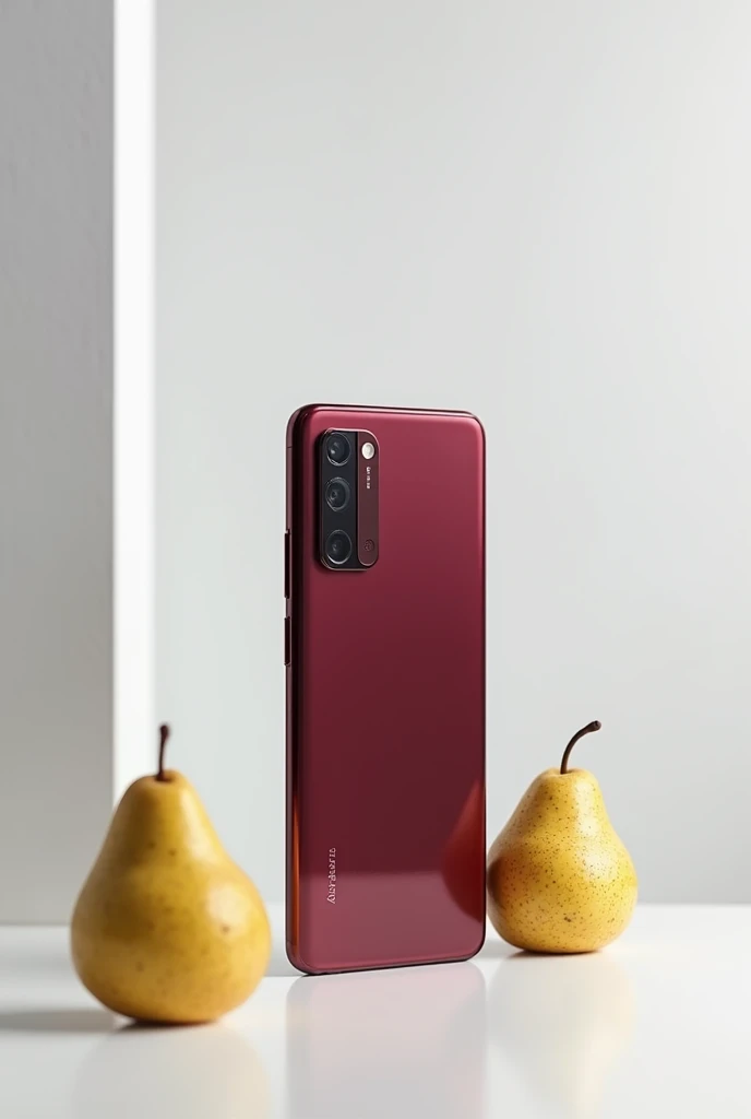 A wine-colored cellphone with a vertical camera that is identical to the previous one and is standing upright in a vertical position. It is resting on a white table, with no pears around.