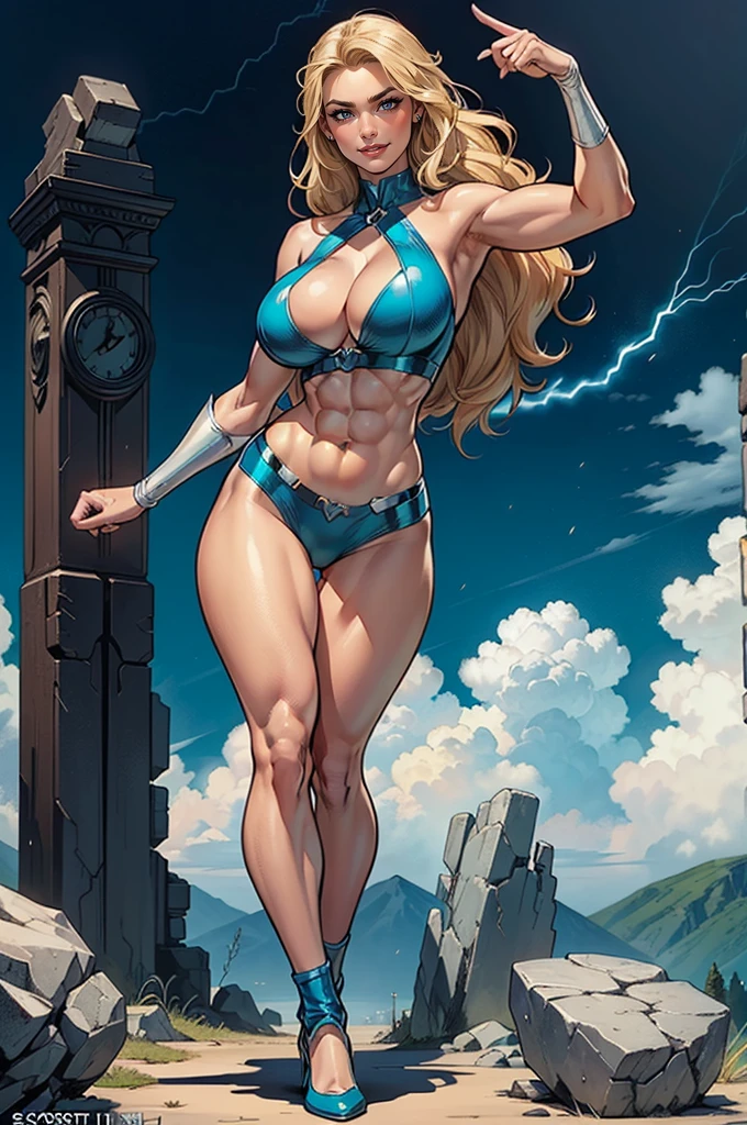 Muscular woman, muscles between muscles, giant arms, super muscular arms, big legs, muscular legs, small waist, ultra muscular abdomen, muscular shoulders, giant breasts, giant butt, Human, muscular face, female face,Female figure, beautiful , colors, shadow and light, bigger arms, seductive pose, perfect face, big lips, white skin, sapphire eyes, show butt, muscular buttocks, hyper muscular buttocks, blonde horse, ten-size abdomen,Masterpiece