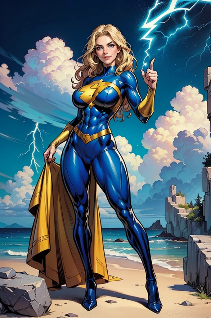 Unmatched masterpiece, ultra realista 8k CG, perfect work of art, (1girl: 1.1), 独奏, ((perfect female figure)), full body character looking at viewer, there are clouds with lightning and stones in the background, mature woman, Bimbo (A blonde long hair woman with full-body, long  hair, (burlas), best qualityer:1.1, Dynamic Heroic Pose, she has hands with lightning powers, arm pointing forward, pose sexy, seductiv, (pretty), (curvilinear), (big), russet hair, (blue colored eyes :1.2), yellow and lilac uniform in the style of Marvel Comics, J. Scott Campbell, invisible woman, J. Scott Campbell, comic book character, comic book art, comics style art, turned legs, fit, (abs:1.1), (bountiful breasts:1.3, (big_breasts: 1.1), Broad Hips: 1.5, narrow waisted, Waist slender: 1.5, slenderbody: 1.2, coxas bigs: 1.he&#39;s brilliant: 1.2), (hdr), (an ancient city in the background), film Nikon D850 photography Kodak Portra Lens f1.400 camera 6, rich colors, realistic texture, lighting dramatic, unreal mechanism, trending on ArtStation, of Gerald Brom, de Frank Frazetta, by Luis Royo, the Julie Bell, de Boris ValleJo