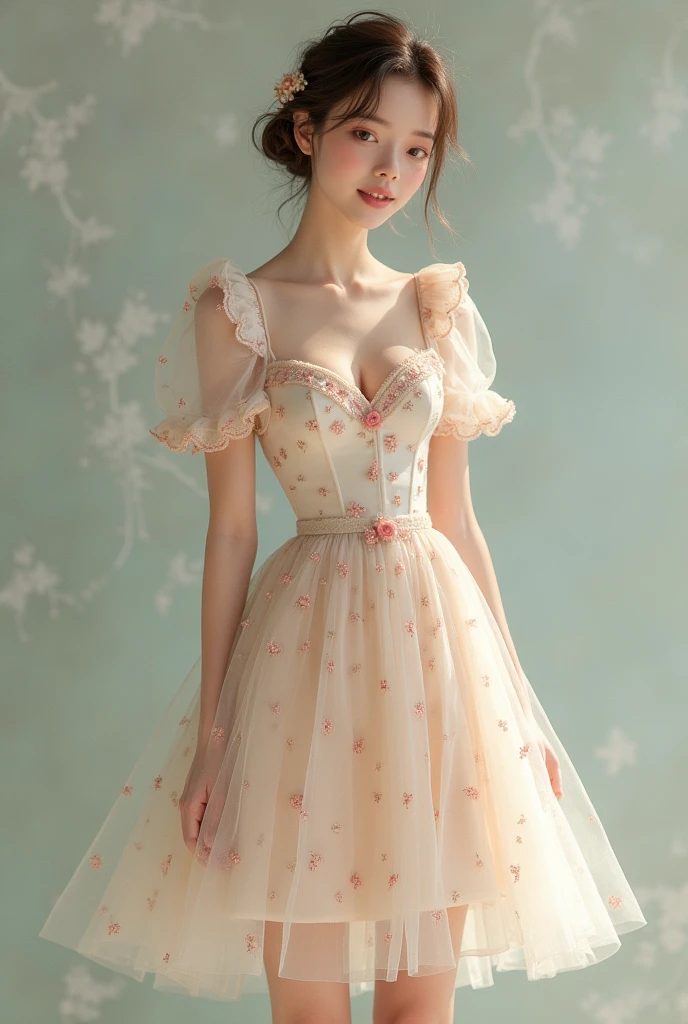 a dress that reaches a little below the knees, with sheer sleeves and a sweetheart neckline, with a small flower print