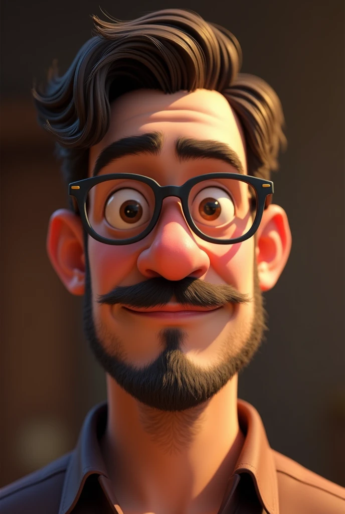 man with a small beard with a mustache and wears dark-colored glasses with a slightly round face, pixar version