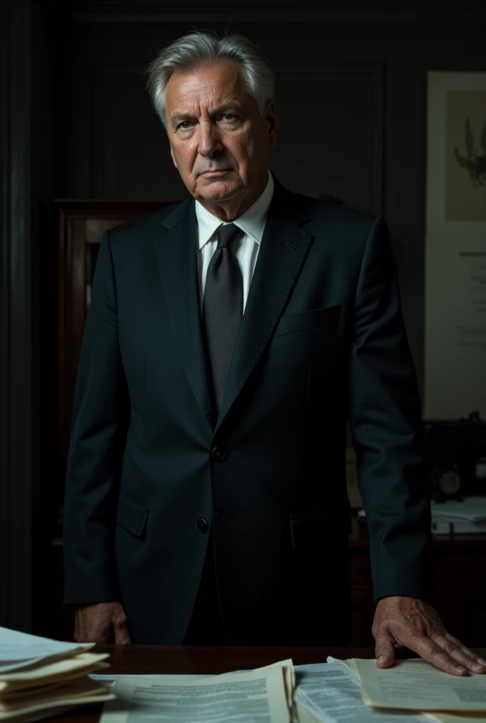 A middle-aged man with a stern expression, showcasing signs of personal conflict. He has sharp, intelligent eyes that convey deep thought and determination, but they lack warmth, revealing his insensitivity. His hair is graying at the temples, and he has a few worry lines on his forehead, indicating the weight of his ambitions. Dressed in a tailored, dark suit that reflects his decisive nature, he stands in a dimly lit room, surrounded by papers and documents that hint at his questionable methods. His posture is rigid, almost confrontational, with one hand resting on a desk cluttered with plans and strategies. The atmosphere is tense, with shadows casting an ominous tone, reflecting his inner turmoil and the moral ambiguities of his actions. The room has an air of sophistication but also feels cold and uninviting, much like his demeanor.