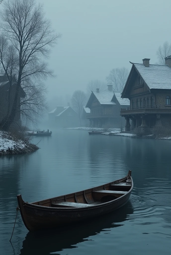 Background with a large winter river and an empty boat in the middle, front view , in the background are carved houses like in ancient Rus' with people on balconies with fog and dark sky
