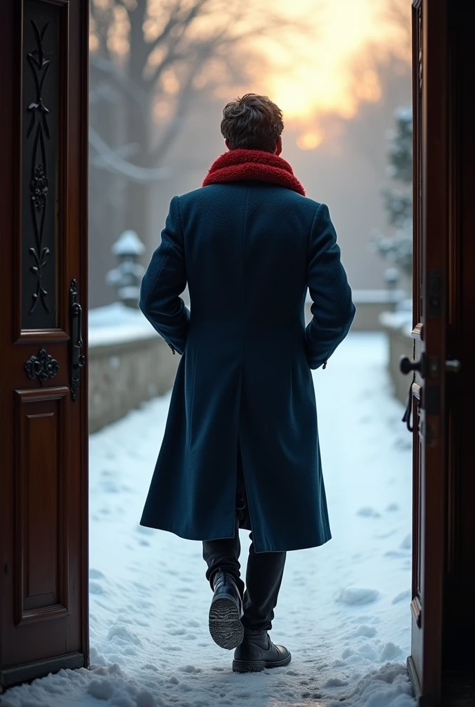back side picture of a 21-year-old young rich man with a small beard and big mustache wearing a very lush bluish pent coat and a red muffler, coming out of the mansion door in the morning light, looking frantic and worried. The snow-covered ground is bright with morning light, picture taken straightly from inside the mansion door shows a young man from backside view, walking away on the straight track outside the mansion ,showing the passage of time from night to day.