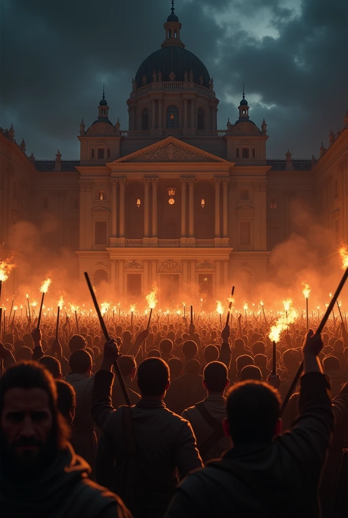 Hundreds of people with torches and sticks surrounded a royal palace in the dark of night