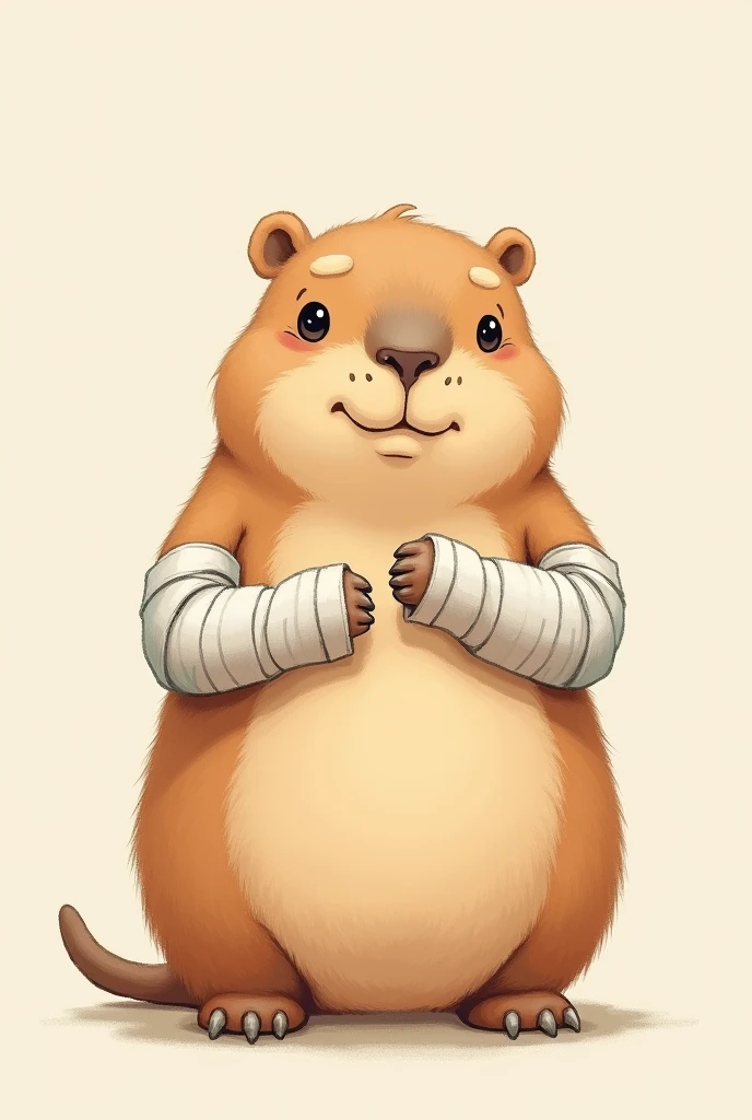 A humanoid capybara with both arms in plaster.