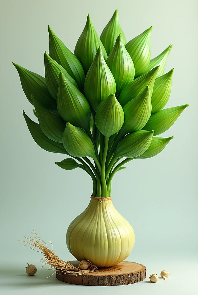 create an artistic bodego with green plane tree, SHE, onion, pilon,