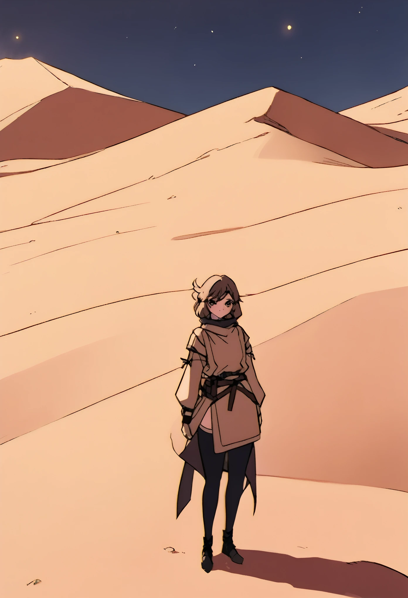 Girl stand in night desert