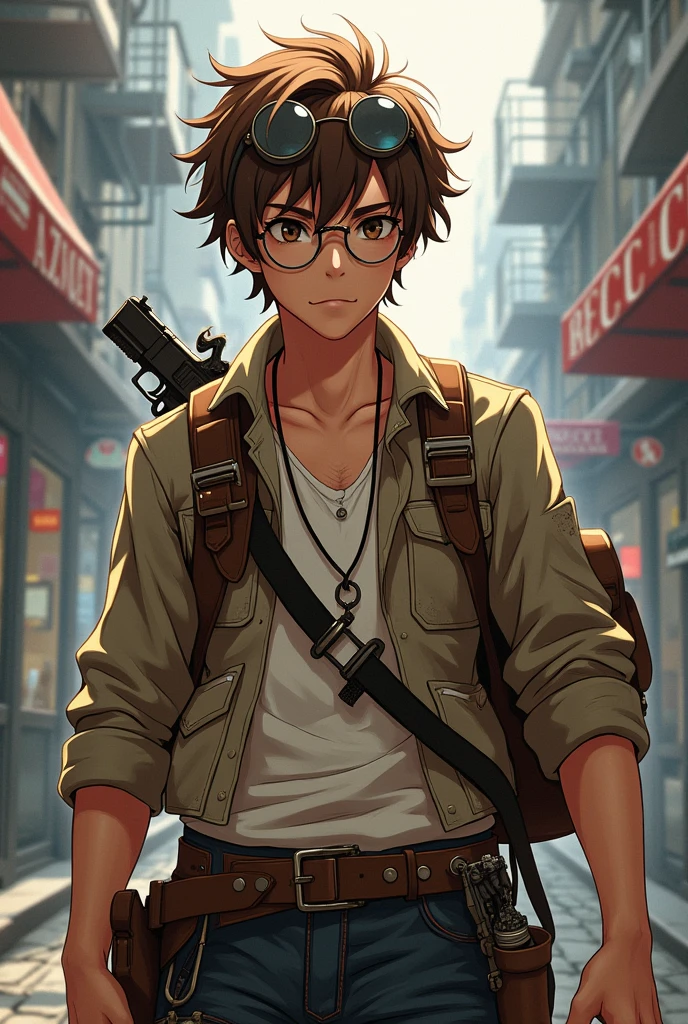 A young man, with a tool bag, brownhair, aviator glasses, and a Luger on his belt. In steampunk anime style 