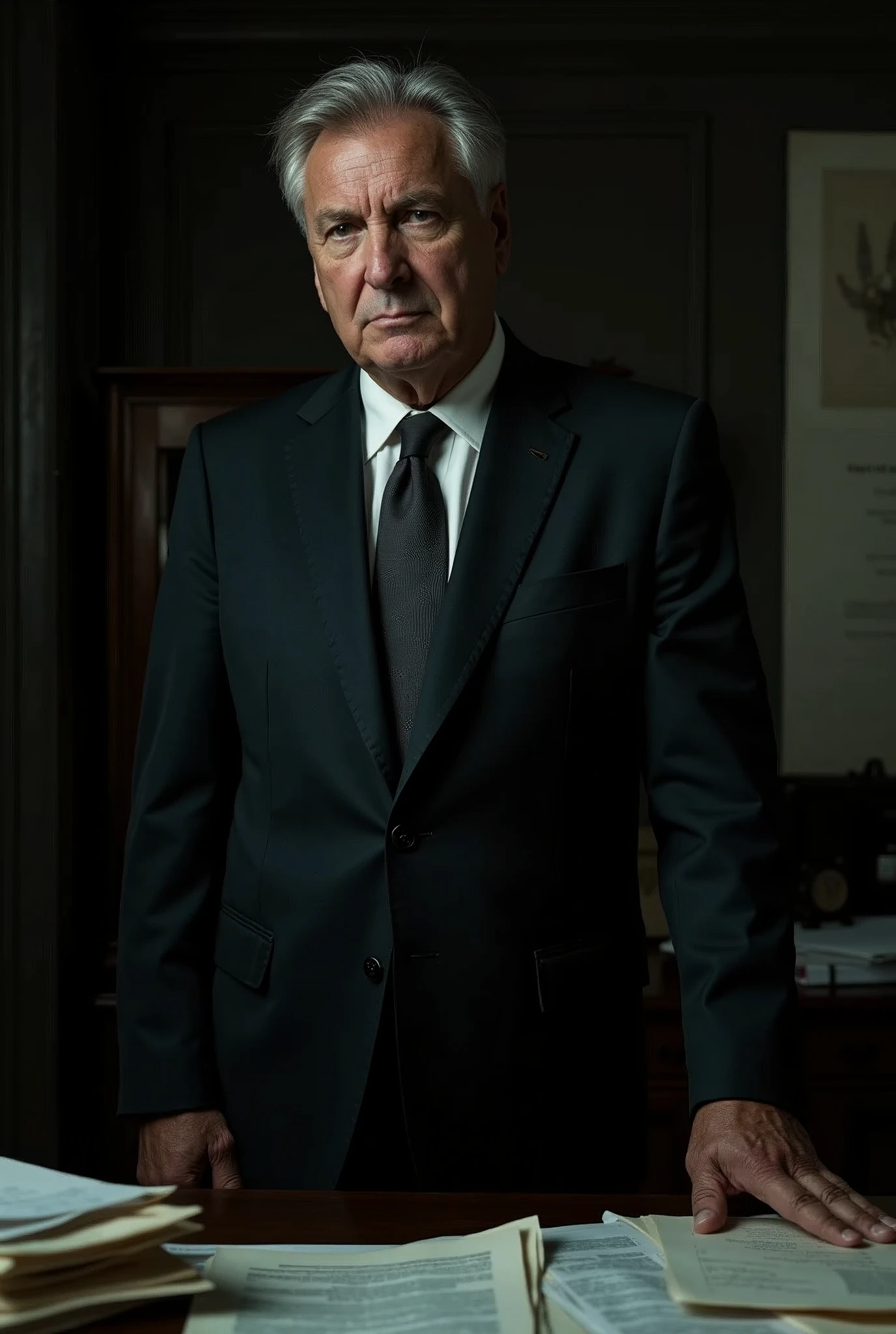 A middle-aged man with a stern expression, showcasing signs of personal conflict. He has sharp, intelligent eyes that convey deep thought and determination, but they lack warmth, revealing his insensitivity. His hair is graying at the temples, and he has a few worry lines on his forehead, indicating the weight of his ambitions. Dressed in a tailored, dark suit that reflects his decisive nature, he stands in a dimly lit room, surrounded by papers and documents that hint at his questionable methods. His posture is rigid, almost confrontational, with one hand resting on a desk cluttered with plans and strategies. The atmosphere is tense, with shadows casting an ominous tone, reflecting his inner turmoil and the moral ambiguities of his actions. The room has an air of sophistication but also feels cold and uninviting, much like his demeanor.
