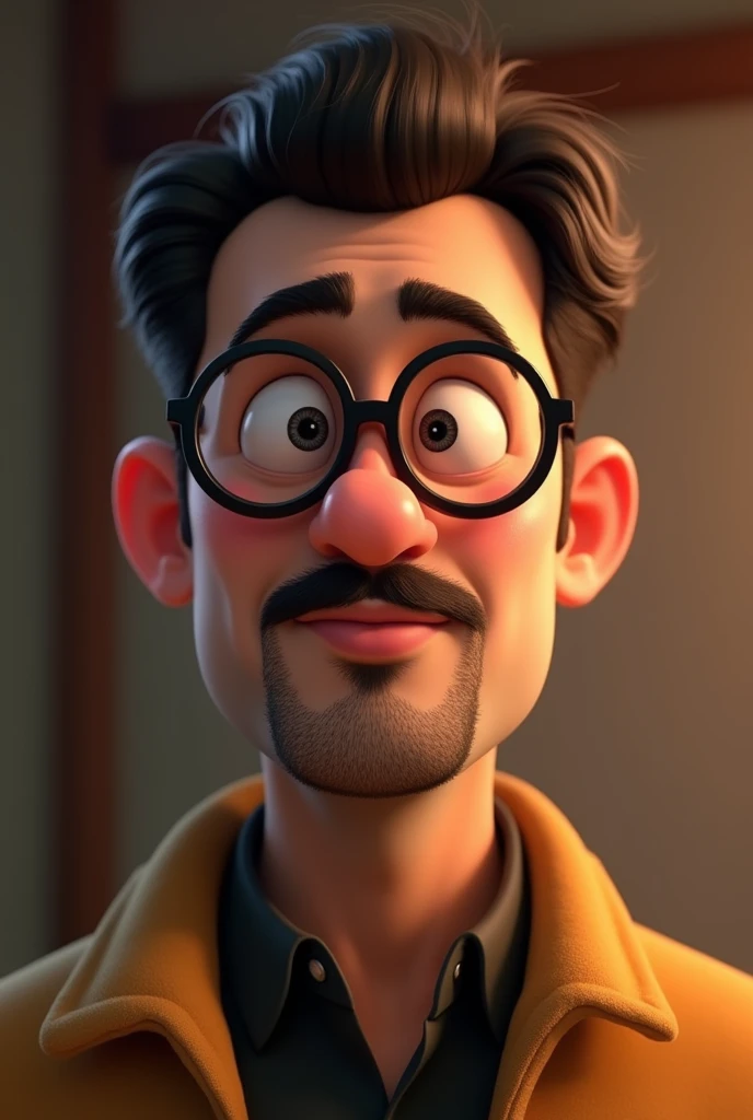 man with a small beard with a mustache and wears glasses with a slightly dark color with a slightly round face, pixar version


