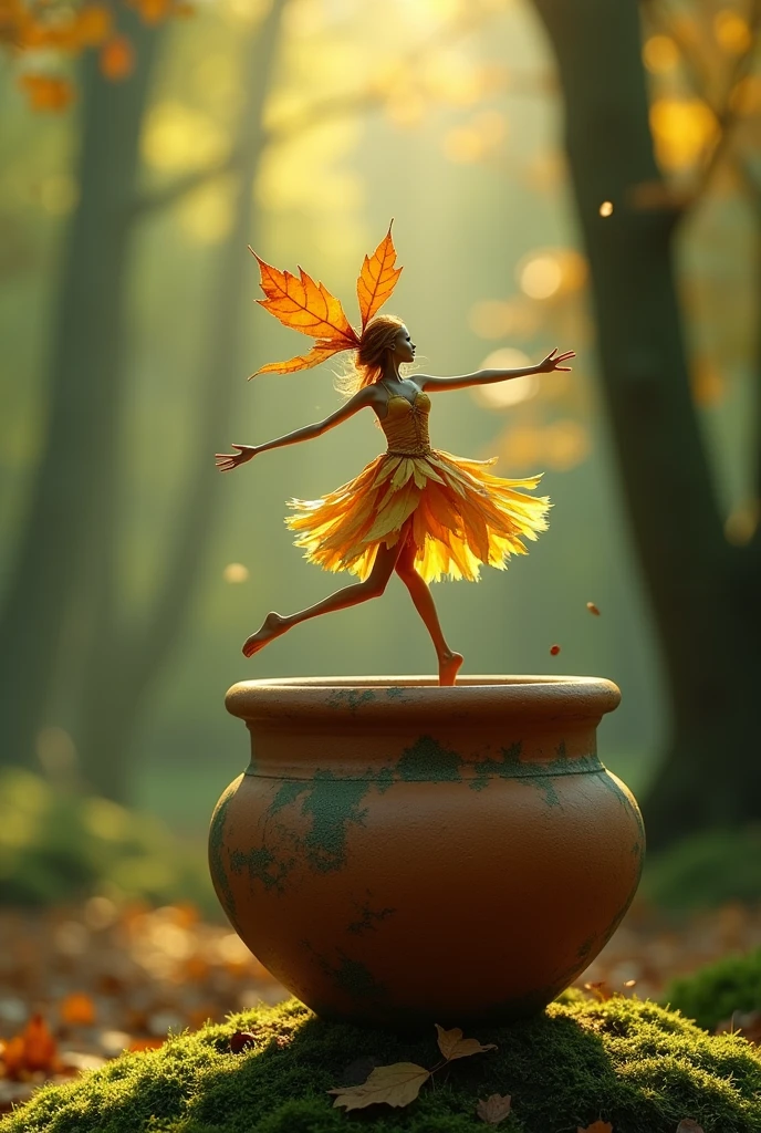 A whimsical miniature figure composed 
of delicately arranged autumn leaves,
poised in a carefree dance on the rim of 
a weathered, moss-covered terracotta 
pot, set against a lush, vibrant forest
backdrop, where dappled sunlight filters 
through the canopy above, casting 
intricate shadows, The overall aesthetics 
is ethereal, with warm. earthy tones of 
sienna, number, and olive green, infused 
with hints of emerald and golden light,
evoking sense of wonder and enchantment, as if plucked from a
fantastical realm.