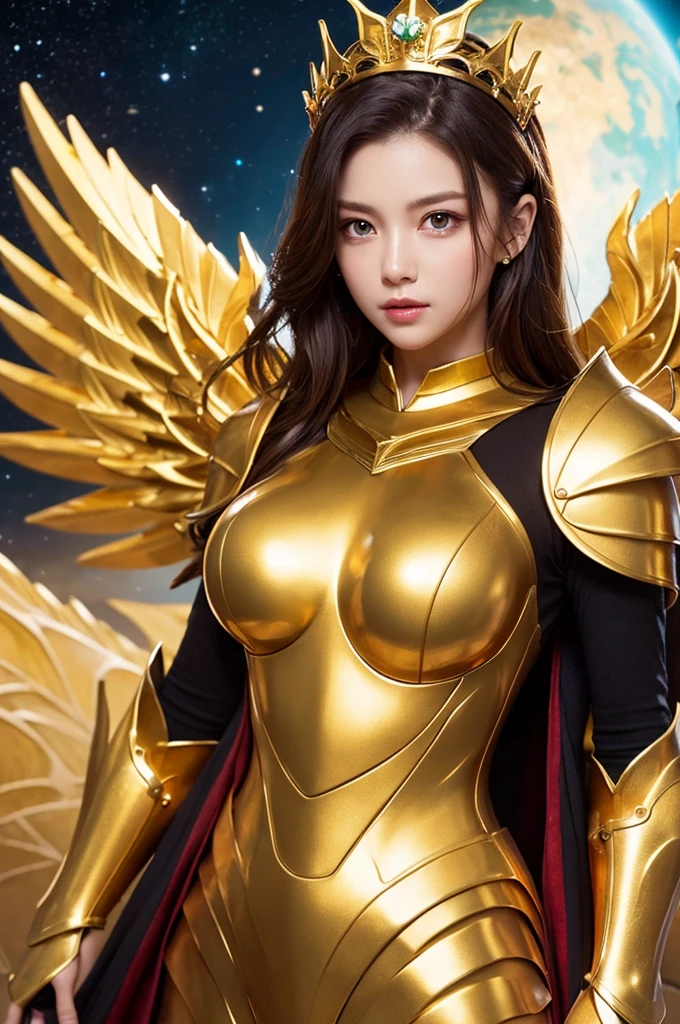 Ultra HD、Ultra-clear、Beautiful Face、Covered entirely in golden armor、Holy knight in golden armor、Mechanical Golden Wings、Golden Tiara、Golden armor covered in sculptures、Dragon-inspired armor、Heavy golden armor、Green Eyes、Big Breasts、Beautiful bow、Outer space background、