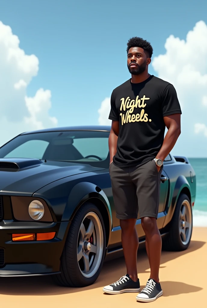 Medium-skinned, dark-skinned man wearing a t-shirt that says Night Wheels with shorts and a black 2008 Mustang GT on the beach 