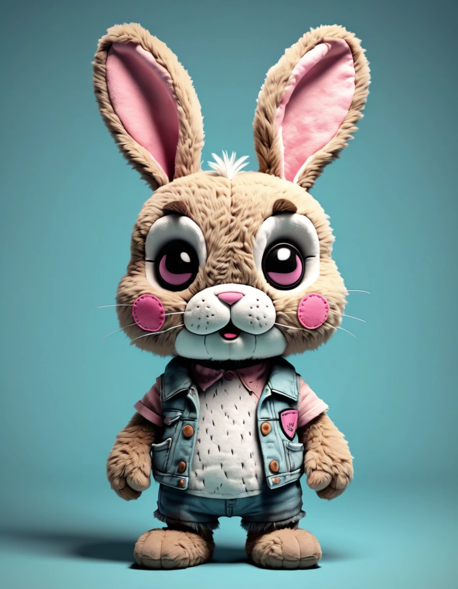 Design a 3D plush-style bad rabbit (standing) character with a soft, furry texture. The character should have a distressed, vintage look with patches and stitches, and feature a muted, sepia-toned color palette, Vaporwave color