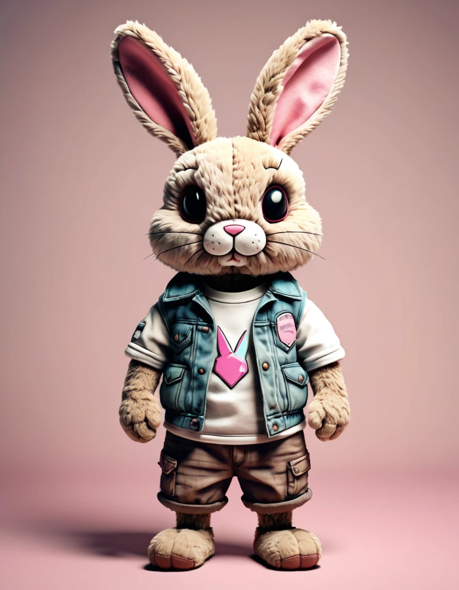 Design a 3D plush-style bad rabbit (standing) character with a soft, furry texture. The character should have a distressed, vintage look with patches and stitches, and feature a muted, sepia-toned color palette, Vaporwave color