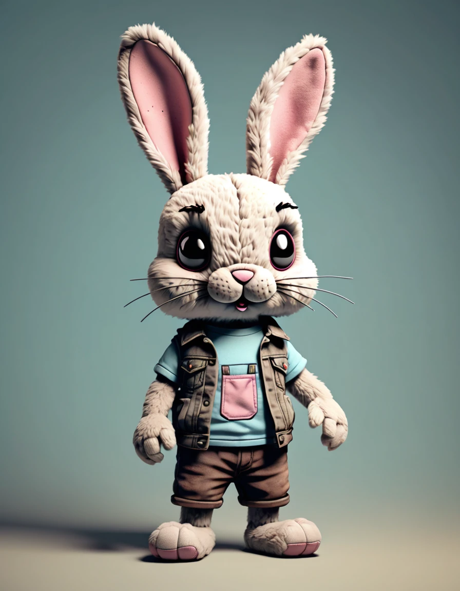 Design a 3D plush-style bad rabbit (standing) character with a soft, furry texture. The character should have a distressed, vintage look with patches and stitches, and feature a muted, sepia-toned color palette, Vaporwave color
