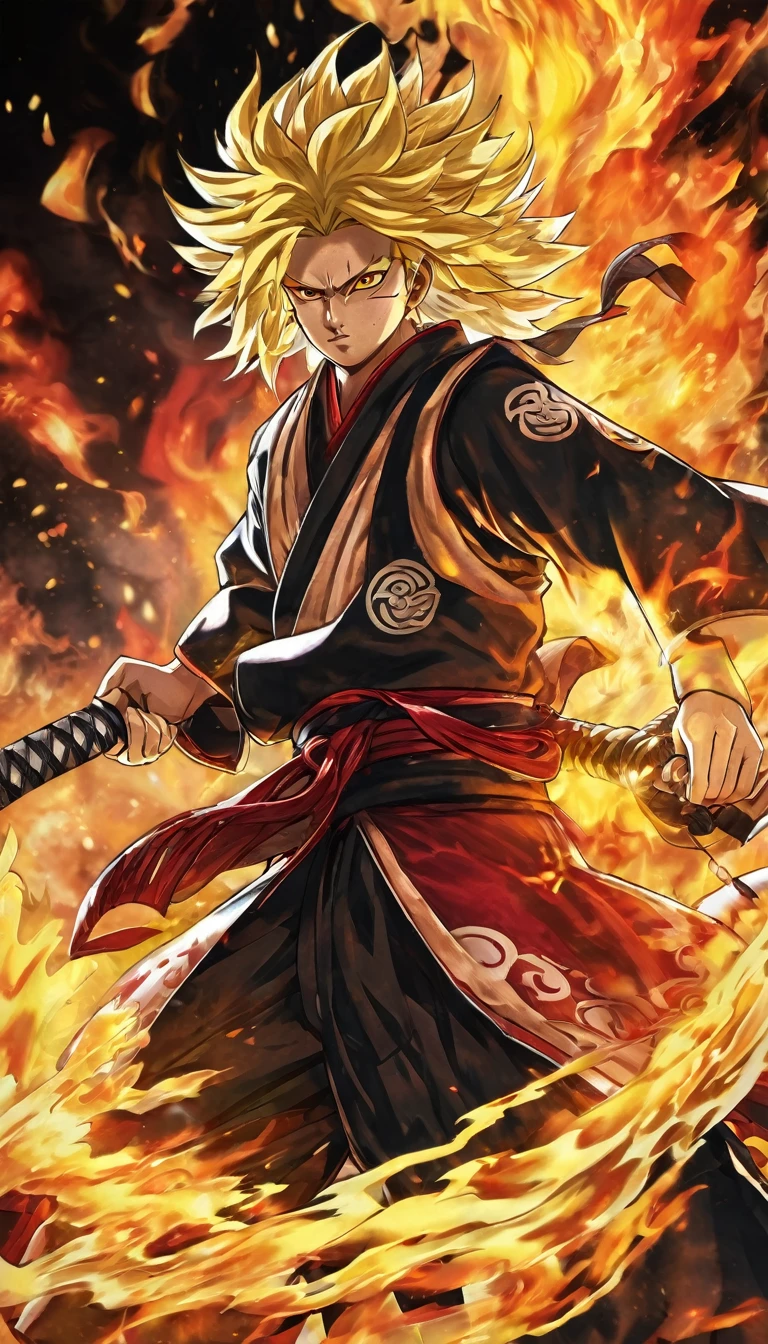 a dynamic and vivid portrayal of Rengoku Kyojuro, the Fire Hashira from "Demon Slayer." He should be depicted in the midst of an intense battle, his stance powerful and confident, embodying his unwavering spirit and commitment to protecting humanity. His haori, with its distinctive flame pattern, billows dramatically in the wind, as if alive with the fire he commands. His Nichirin Blade should be ablaze with flames, cutting through the air with fierce determination. Rengoku's expression should be one of fiery resolve, with his golden eyes shining brightly, reflecting his burning passion and indomitable will. Surround him with an environment that emphasizes his fiery nature—perhaps a backdrop of a burning forest or a scene of destruction where flames dance around him, creating a stark contrast between the warmth of the fire and the coldness of battle. The overall atmosphere should convey a sense of heroism, courage, and the relentless fight against darkness. The colors should be bold and vibrant, focusing on shades of red, orange, and gold to highlight the intensity of the flames and Rengoku's fiery aura.