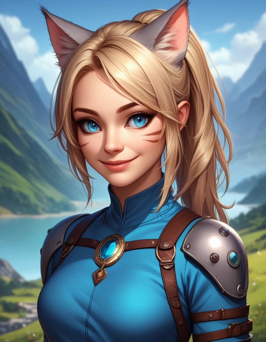 score_9,score_8_up,score_7_up, score_6_up, score_5_up,source_anime, human, Kat, blue eyes, black whisker marks on face, grey cat ears, blonde hair, hair in ponytail, wearing blue tunic, brown pants, leather gauntlets, leather straps and adventuring gear, leather boots,big smile, on a mountain pass trail,