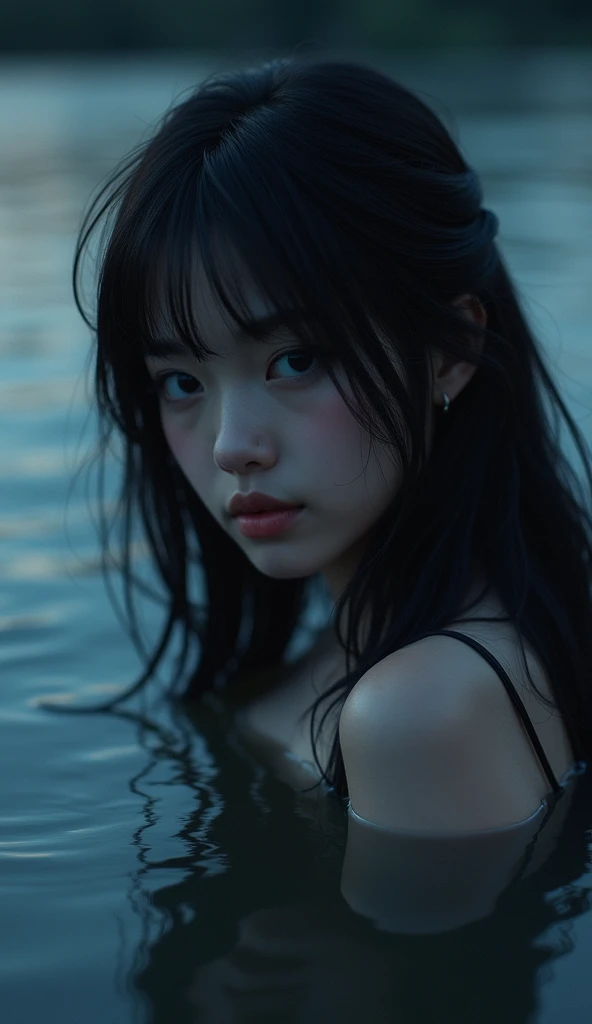 One beautiful girl,Highest quality,masterpiece,detailed,night,One beautiful girl,Shadows reflected on the water,The sound of rolling waves,In a place where time has been forgotten,Quietly close your eyes,Close up of face,Face forward
