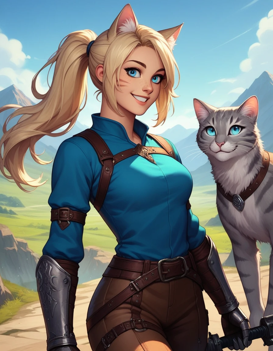 score_9,score_8_up,score_7_up, score_6_up, score_5_up,source_anime, human, Kat, blue eyes, black whisker marks on face, grey cat ears, blonde hair, hair in ponytail, wearing blue tunic, brown pants, leather gauntlets, leather straps and adventuring gear, leather boots,big smile, on a mountain pass trail, 