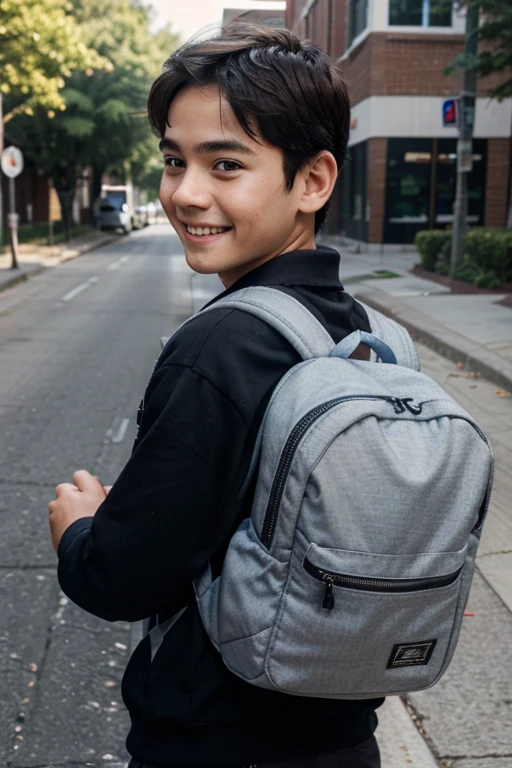 HAPPY BOY IN FRONT VIEW WITH FACIAL DETAILS OF HIS REAL FACE WITH HIS BACK TO SCHOOL BACKPACK
