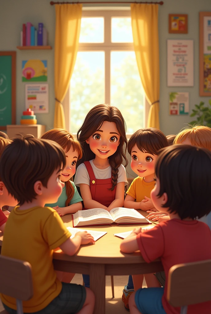 Children sit in a circle around their teacher, listening intently as she explains the importance of keeping Bible verses in their hearts." Disney style cinema 