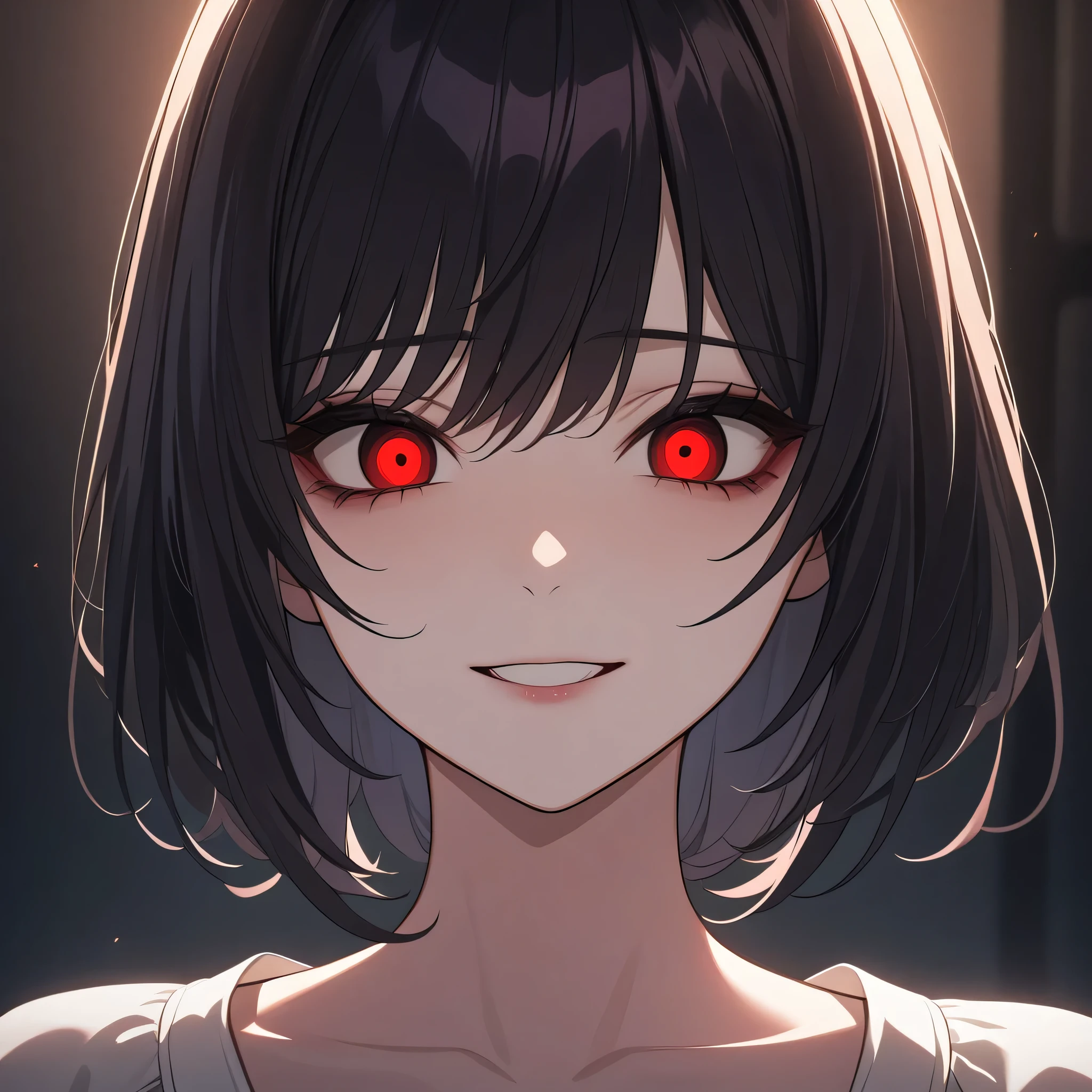 masterpiece, best quality:1.3, 1girl, close-up, yandere, empty eyes, crazy, smile, whitedress, yandere trance, shaded face, black short hair, bluntbangs, highly detailed, intricate, sharp focus, dramatic lighting, moody, intense expression, haunting, haunted, disturbing, unsettling, psychological, dark fantasy