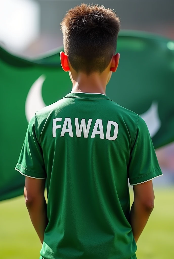 the boy stand and wear pakistan shirt the shirt back name Fawadpakistan flag in their
hand


